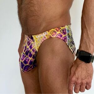 Bold, colorful snakeskin pattern swim brief, large, pouch, unlined